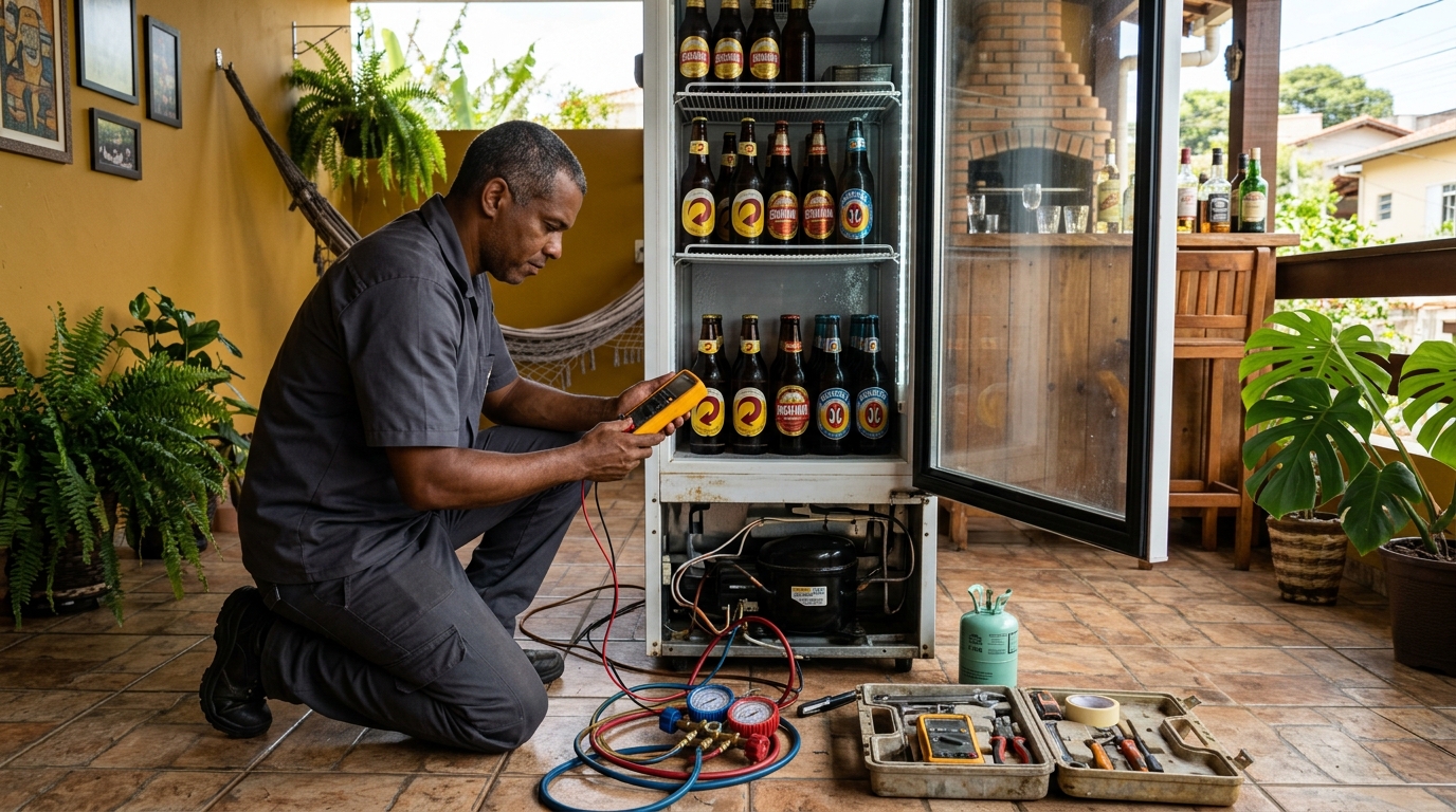 Placa eletrônica de cervejeira em reparo na bancada em Fortaleza‑CE