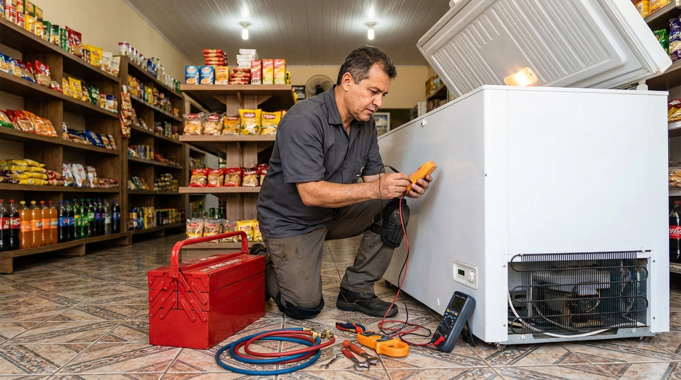 Manômetro conectado ao circuito durante recarga de gás de freezer em Fortaleza‑CE