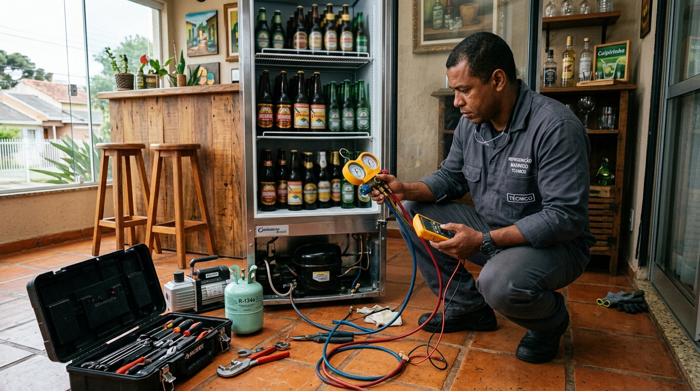 Técnico conferindo a temperatura de uma cervejeira durante atendimento em Fortaleza‑CE