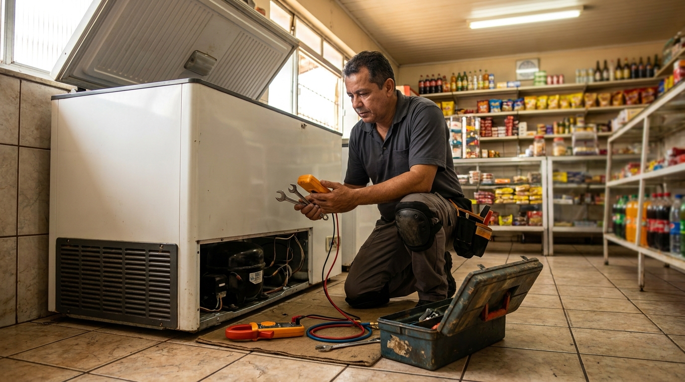 Técnico avaliando um freezer vertical durante atendimento em Fortaleza‑CE