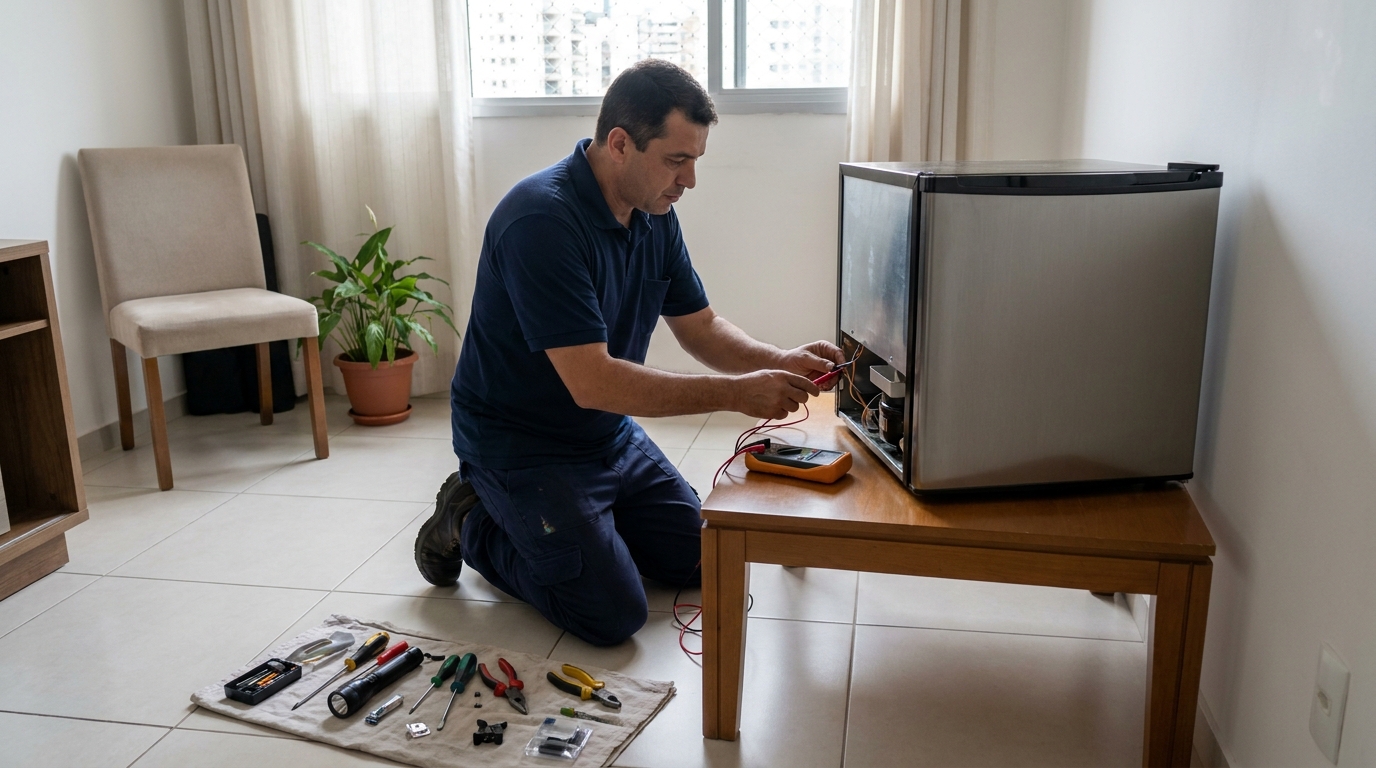 Técnico avaliando um frigobar compacto durante atendimento em Fortaleza‑CE